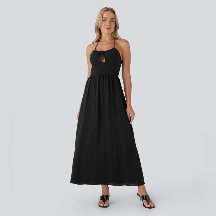Halara Halter Cut Out Tie Back Shirred Maxi Casual Linen-Feel Dress S Cr4-7